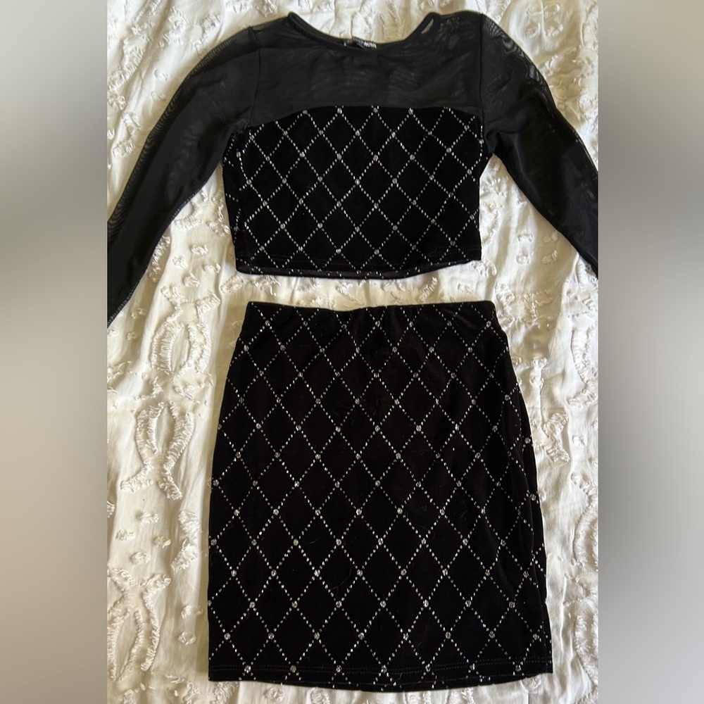 Fashion Nova Black Studded Velvet Two-Piece Skirt Set